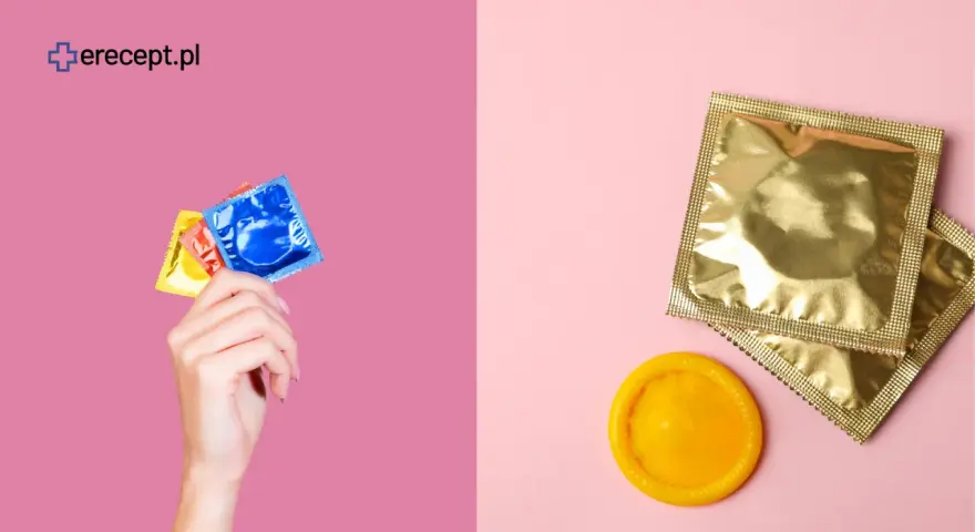 Durex co to? Różne rodzaje prezerwatyw w kolorowych opakowaniach i jedna rozłożona, gotowa do użycia.