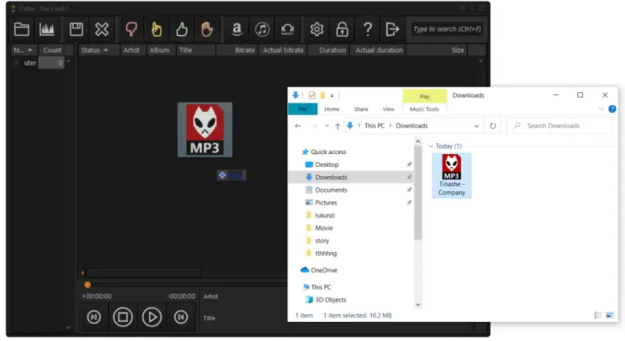 Odtwarzacz muzyki pokazuje plik MP3. W oknie "Downloads" widać plik "Tinashe - Company", a w nagłówku kolumn odtwarzacza jest "Bitrate co to".