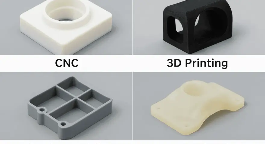 Four manufacturing methods: CNC (subtractive manufacturing), 3D Printing, Injection Molding, and Vacuum Casting, each showcasing a different prototype part.