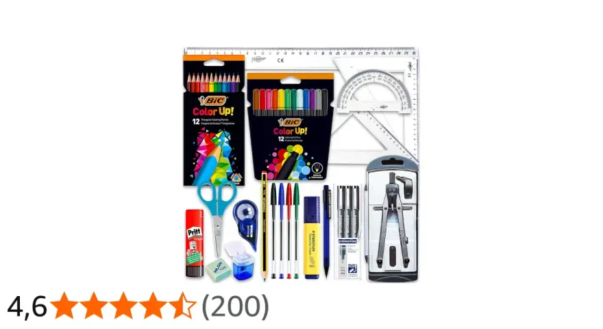 Todo lo necesario para tu lista material escolar 1 eso: lápices, rotuladores, tijeras, compás, reglas y pegamento.