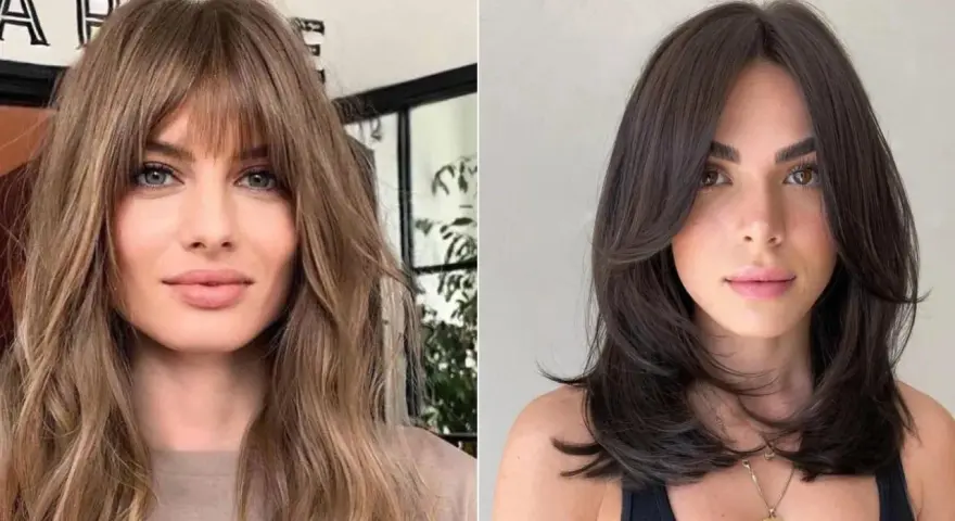 Dos estilos de corte de pelo que favorecen un **corte de pelo cara redonda**: uno con flequillo y capas rubias, otro con capas oscuras y raya en medio.