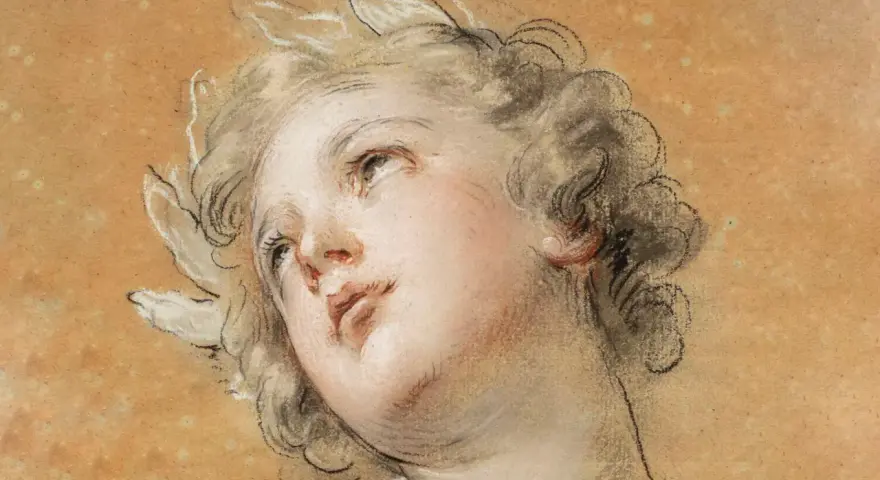 Portrait d'un jeune homme aux boucles blondes, la tête penchée, le regard tourné vers le ciel. La valeur du dessin réside dans la délicatesse des traits et la douceur des couleurs.