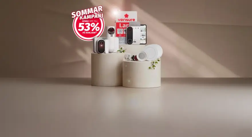 Sommarkampanj med upp till 53% rabatt på hemlarm. Verisure Z-Wave-produkter visas upp.