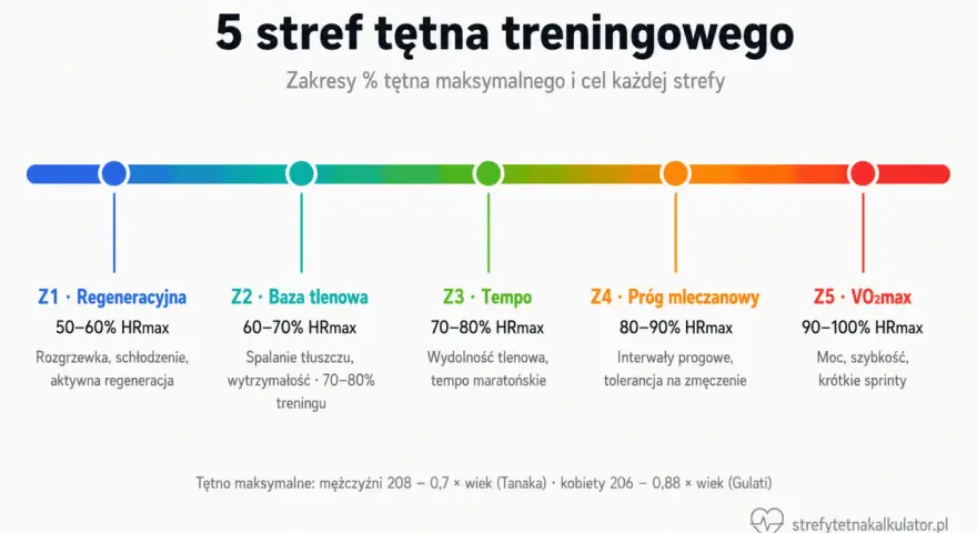 Grafika przedstawia 5 stref tętna treningowego, od regeneracyjnej po VO2max. Strefa "Baza tlenowa" (60-70% HRmax) jest kluczowa dla spalania tłuszczu i budowania wytrzymałości.