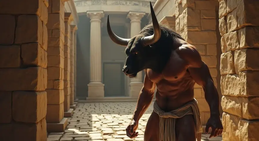 Potężny Minotaur, postać z mitu o minotaurze, kroczy przez kamienne korytarze labiryntu.