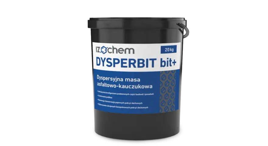 Czarny, 20-kilogramowy kubeł z dyspersyjną masą asfaltowo-kauczukową DYSPERBIT bit+. Idealna do izolacji i renowacji dachów.