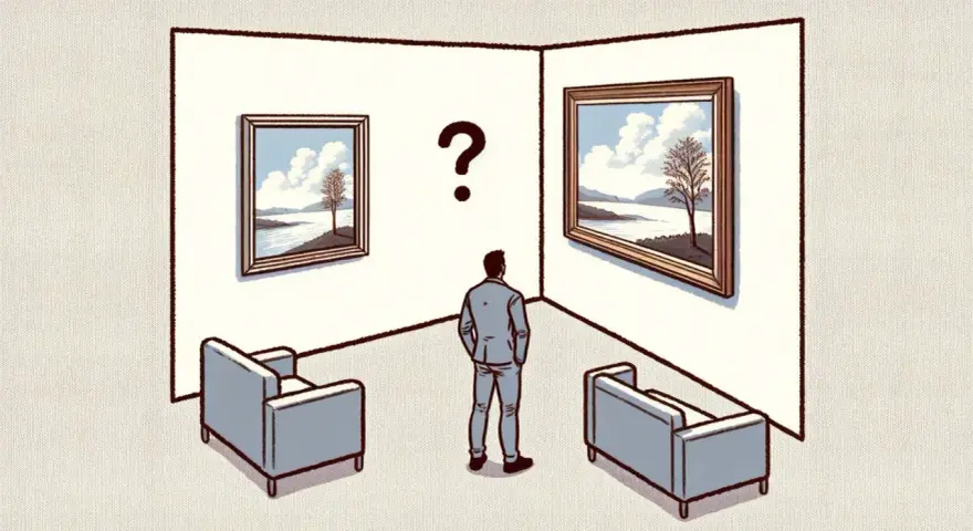 Hombre frente a dos cuadros, ¿cuál elegir? Reflexiona sobre los tipos de lienzos y la decisión artística.