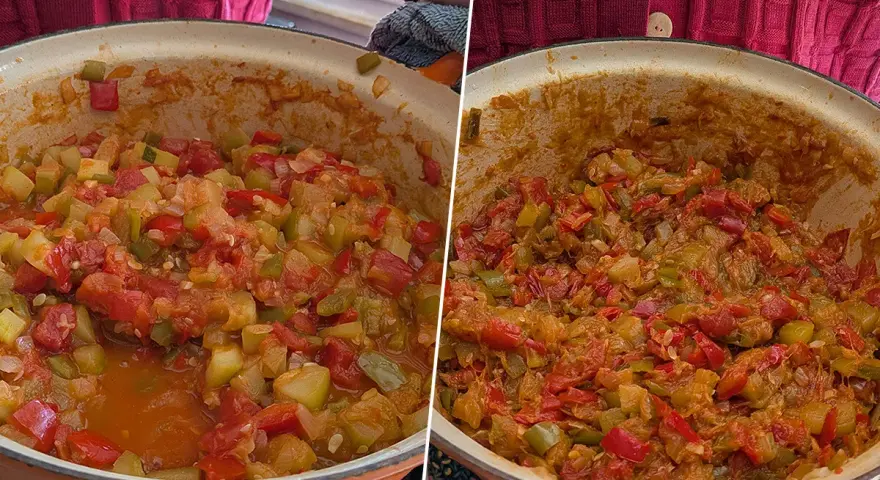 Dos cazuelas de pisto murciano: una con aspecto aguado y otra con la textura perfecta y dorada.