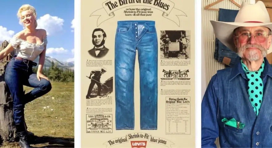 Marilyn Monroe, un poster storico e un uomo con cappello da cowboy celebrano chi ha inventato i jeans, Levi Strauss.