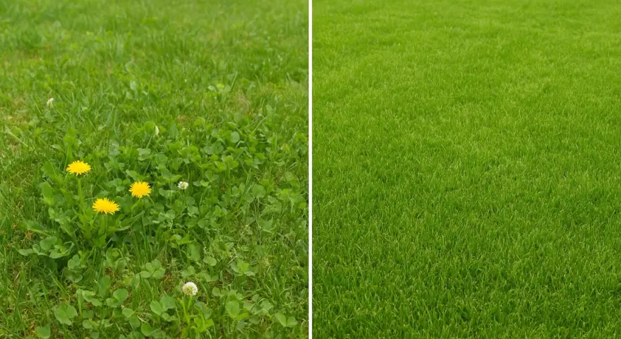 Links: Löwenzahn und Klee im Rasen. Rechts: Perfekt gepflegter Rasen ohne Unkraut.