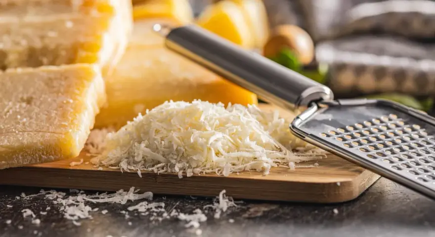 Tarta z serem, gdzie zamiast parmezanu użyto mozzarelli, przygotowana na desce z tarką.
