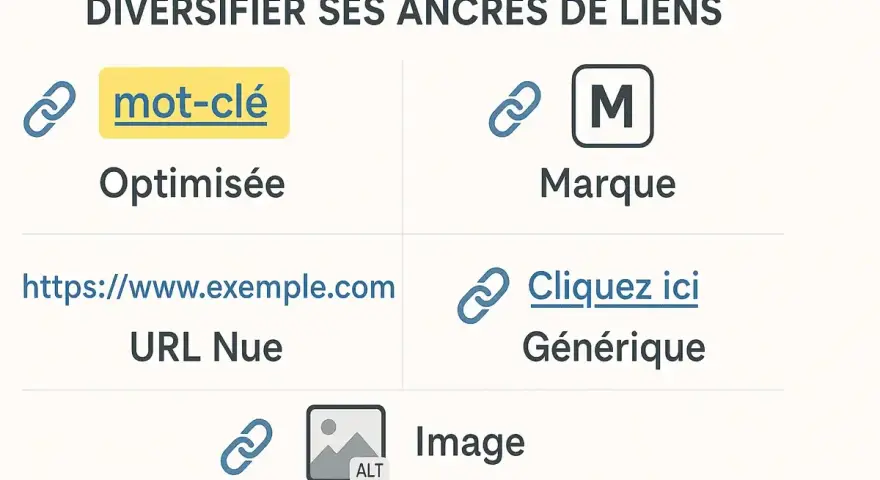 Diversifier les ancres de liens : mot-clé optimisé, marque, URL nue, générique. Stratégies pour comment obtenir des backlinks variés.