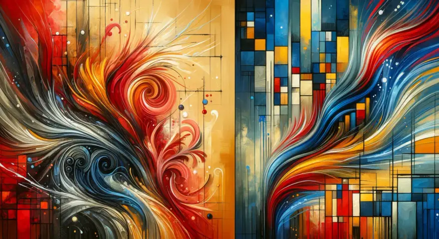 Explosion de couleurs vives dans une **abstraction lyrique** dynamique, mêlant courbes fluides et formes géométriques.