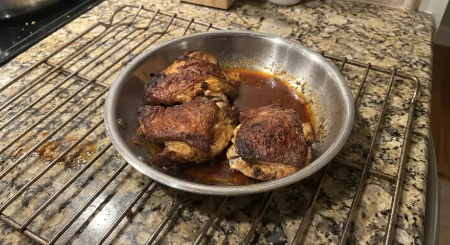 Succulente cosce di pollo in padella, dorate e saporite, riposano su una griglia.
