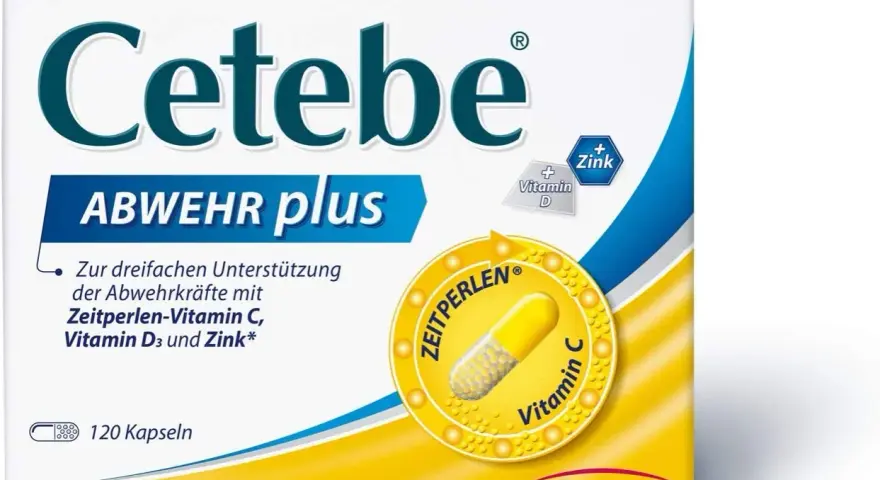 Verpackung von Cetebe Abwehr plus mit Kapseln, Vitamin C, D und Zink.