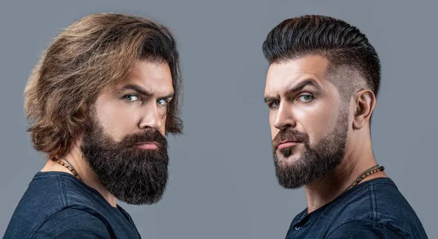 Dos hombres con barba. Uno con pelo largo y barba tupida, el otro con pelo corto y barba hipster corta.