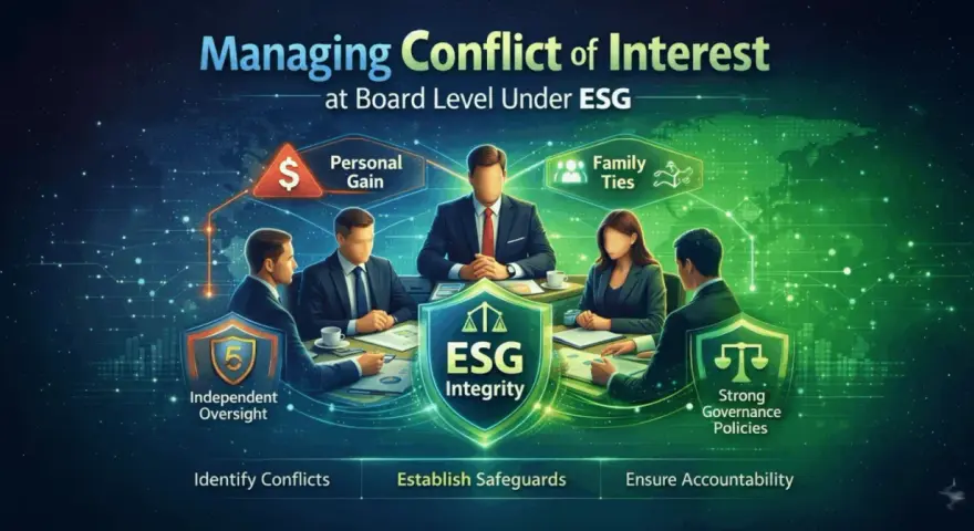 Board members discuss managing conflict of interest, considering personal gain and family ties, to ensure ESG integrity through independent oversight and strong governance.