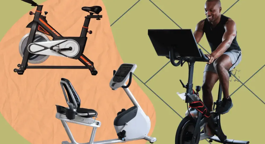 A man rides a stationary bike while a pedal exerciser and recumbent bike are shown.