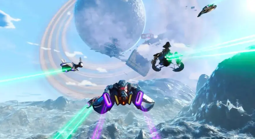 Naves espaciales combaten en un planeta alienígena, con un planeta anillado al fondo. ¡Ideal para quienes buscan los no man's sky requisitos!