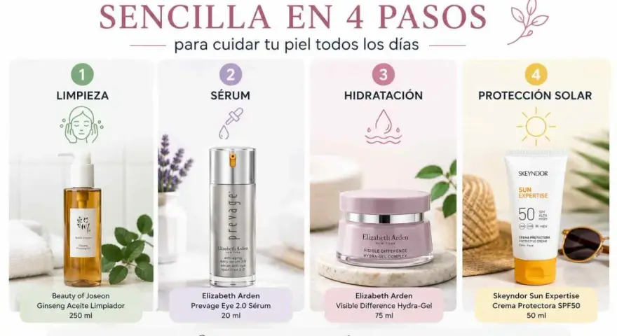Rutina facial sencilla en 4 pasos: limpieza, sérum, hidratación y protección solar. ¡Cuida tu piel todos los días!