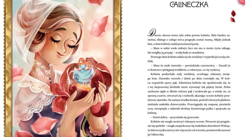 Kobieta trzyma w dłoniach pąk róży, z którego wyłania się maleńka dziewczynka. Ilustracja nawiązuje do baśni Andersena.