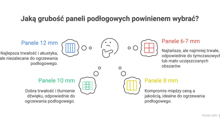 Panele winylowe: 12 mm (trwałe, akustyczne, nie do ogrzewania), 10 mm (dobre do ogrzewania), 8 mm (kompromis, do ogrzewania), 6-7 mm (najtańsze, tymczasowe).