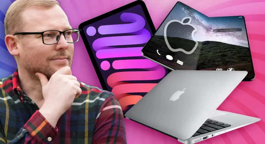 Mann mit Brille denkt über iPad, faltbares iPhone und MacBook nach.
