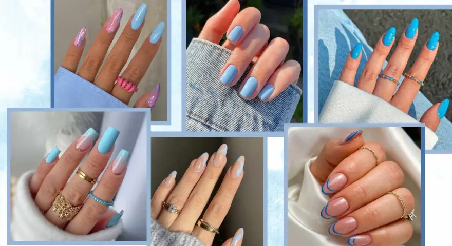 Collezione di unghie celesti e bianche con diverse nail art: sfumature, french manicure e decorazioni astratte.