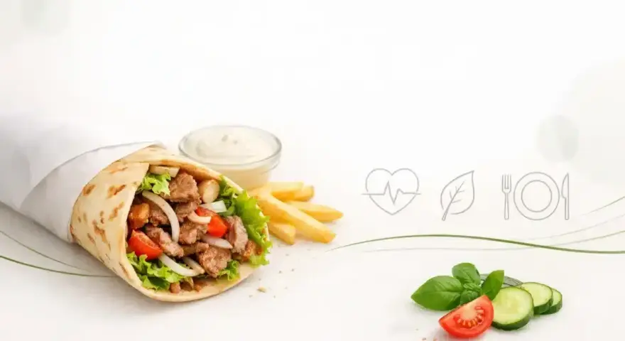 Duży kebab w tortilli z frytkami, sosem i warzywami.