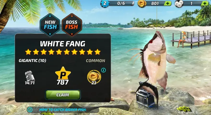 W grze Fishing Clash złowiono białego rekina. Gracz zdobył 787 punktów i 23 monety.
