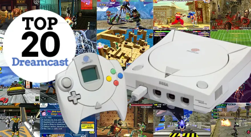Collage de imágenes de videojuegos de Dreamcast, mostrando la consola y el mando, con escenas de algunos de los mejores juegos Dreamcast.