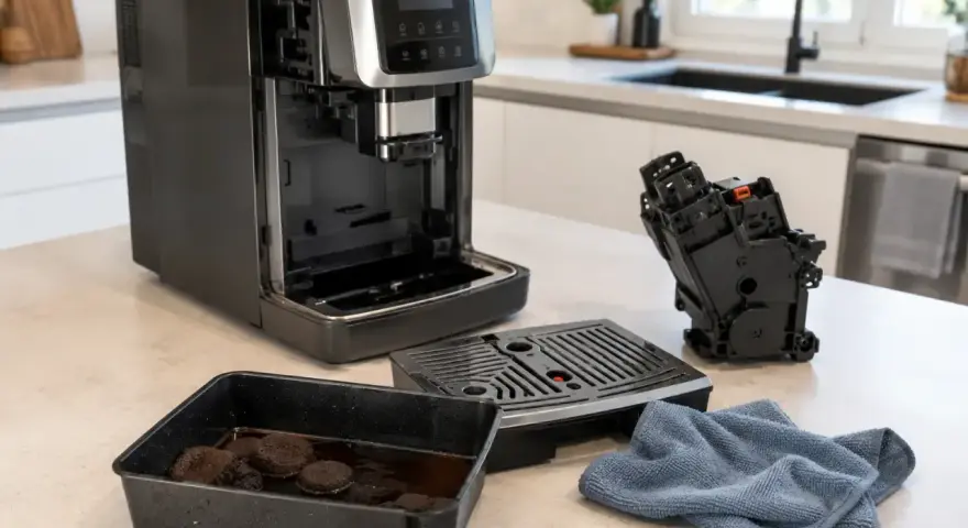 Czyszczenie ekspresu DeLonghi. W tacce resztki kawy, obok wyjęty moduł zaparzający i tacka ociekowa. Czas na świeżą, nie wodnistą kawę.