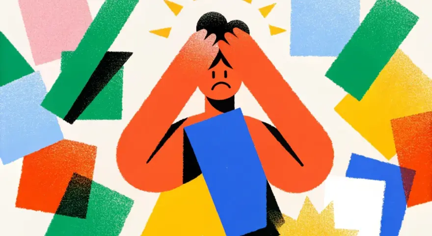 Personne accablée par des formes colorées, symbolisant le burn out fonction publique. Mains sur la tête, visage triste.
