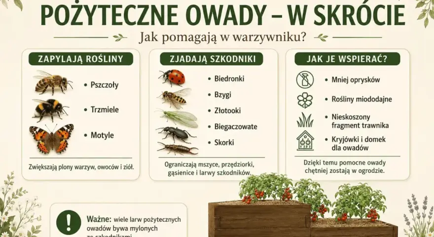 Pożyteczne owady w ogrodzie: pszczoły, trzmiele i motyle zapylają rośliny, biedronki, złotooki i skorki zjadają szkodniki. Wspieraj je, ograniczając opryski i sadząc rośliny miododajne.