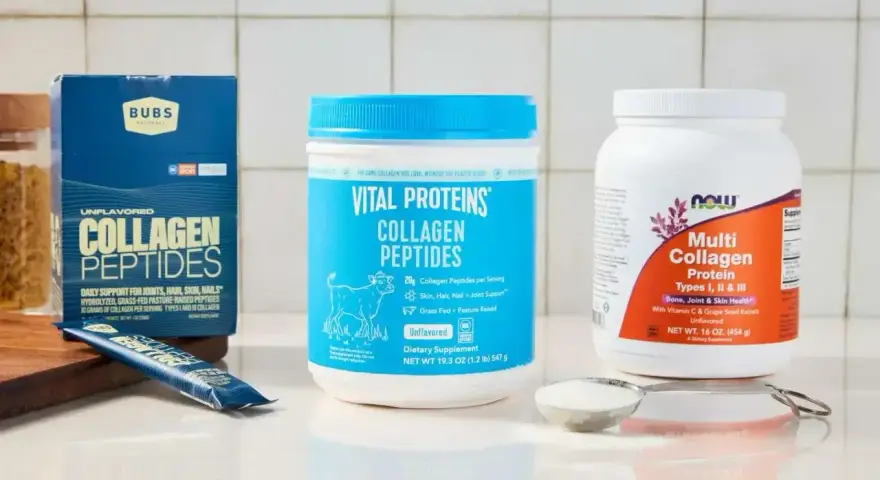 Zastanawiasz się, jaki kolagen wybrać? Na zdjęciu trzy popularne produkty: Bubs Naturals, Vital Proteins i Now Foods.