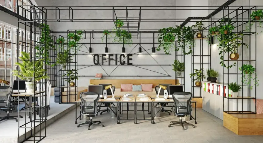Espace de travail moderne avec beaucoup de plantes, idéal pour une sous location bureaux Paris.