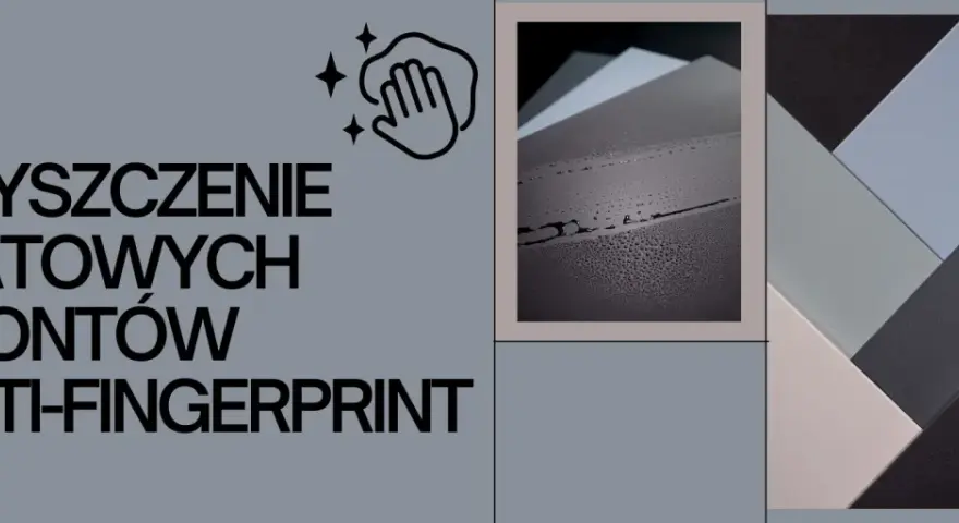 Czyszczenie matowych frontów anti-finger. Woda na ciemnej powierzchni, obok próbek kolorów.