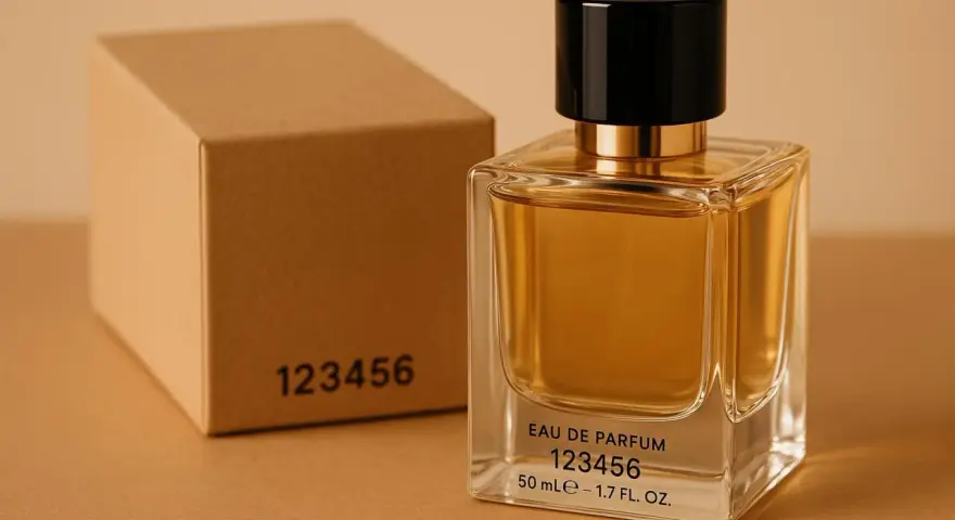 Parfümflasche mit schwarzem Deckel und brauner Schachtel, beide mit der Nummer 123456.