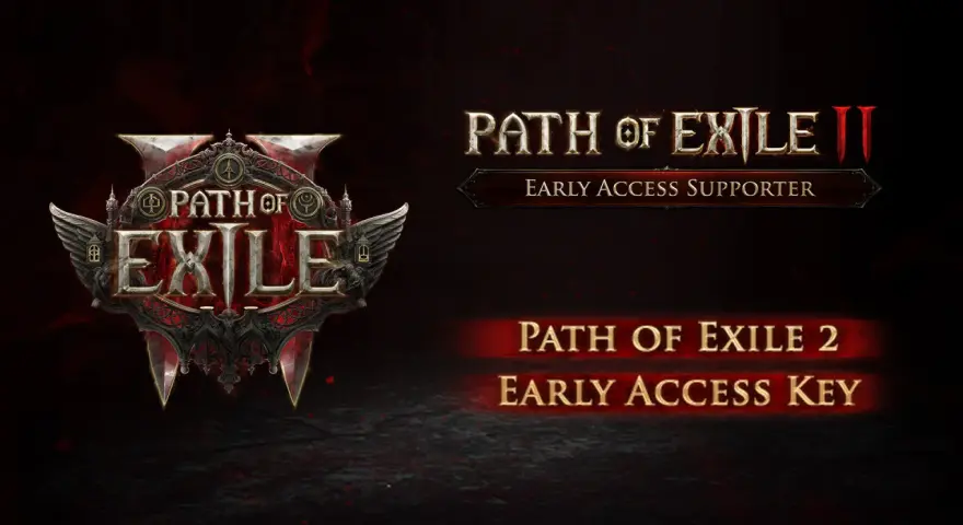 El logo de Path of Exile 2 con el texto "Early Access Supporter" y "Early Access Key" sobre un fondo oscuro y rojo.