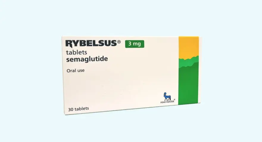 Opakowanie leku Rybelsus 3 mg z semaglutydem. Szukasz informacji, gdzie kupić leki na receptę bez recepty? To opakowanie zawiera 30 tabletek do stosowania doustnego.