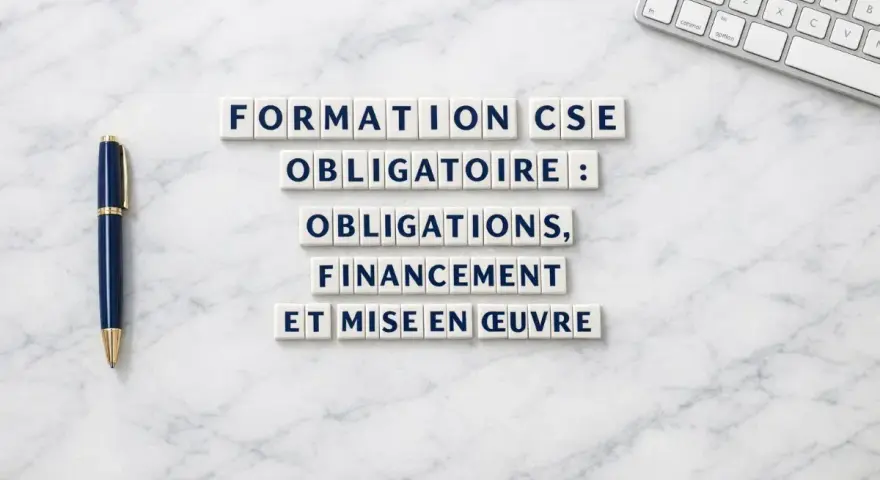 Formation CSE obligatoire : obligations, financement et mise en œuvre. Un stylo bleu et un clavier sur fond marbre.