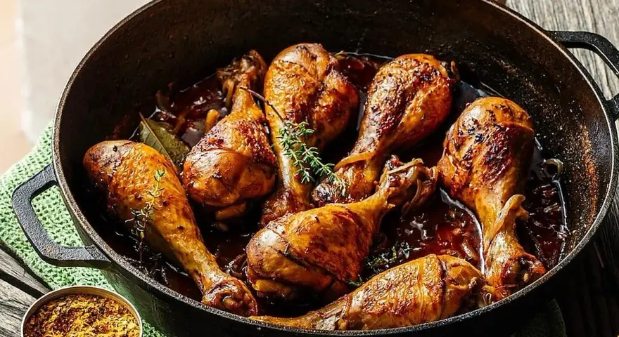 Sabroso pollo a la cerveza dorado y jugoso, cocinado en una sartén de hierro fundido con hierbas aromáticas.