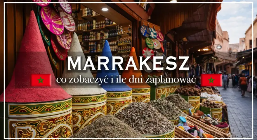 Kolorowe stożki z przyprawami i kosze z rękodziełem na targu w Marrakeszu. Odkryj marrakesz atrakcje i zaplanuj niezapomnianą podróż.