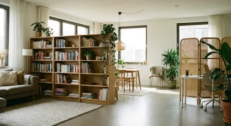 Libreria divisoria e paravento in rattan: idee per come dividere una stanza senza opere murarie, creando zone funzionali.
