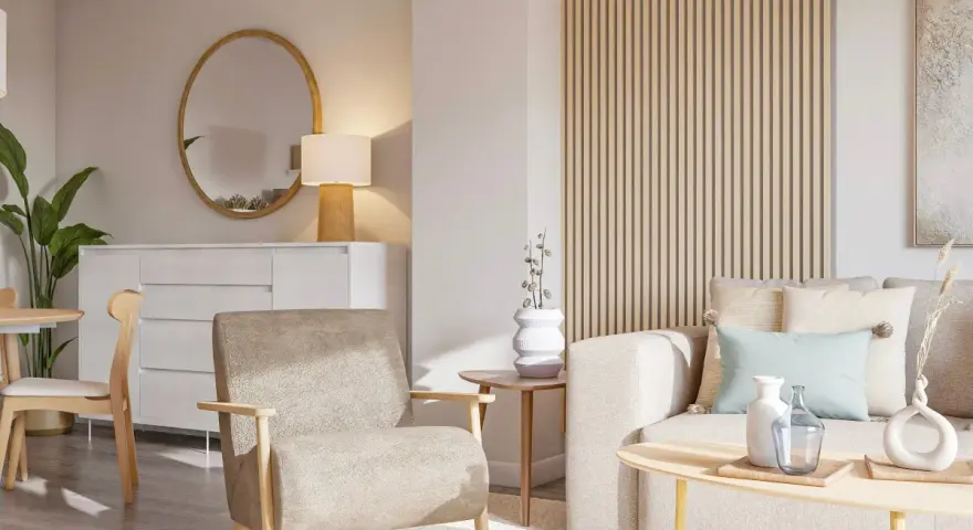 Salón acogedor con sofá y sillón en tonos tierra, mesa de centro de madera y detalles decorativos en colores neutros.