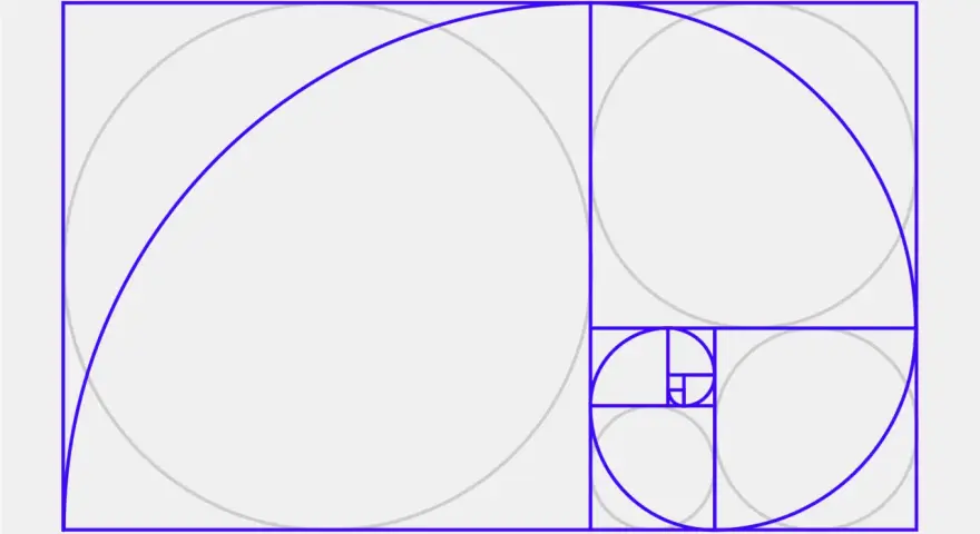 La espiral áurea, que representa el significado de la proporción áurea, se forma con cuadrados que crecen en tamaño.
