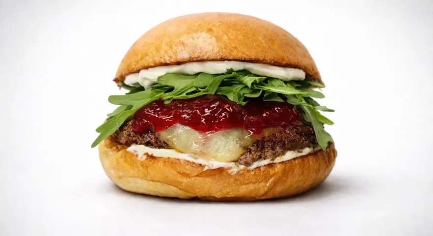 Soczysty burger z rukolą, konfiturą i roztopionym serem na białym tle.