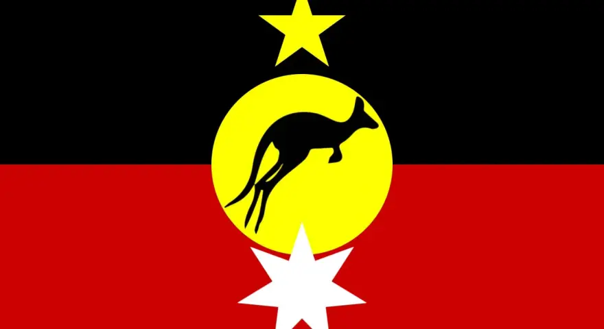 Flaga Australii rdzennej: czarny pas, żółte koło z czarnym kangurem, żółta gwiazda i biała gwiazda.