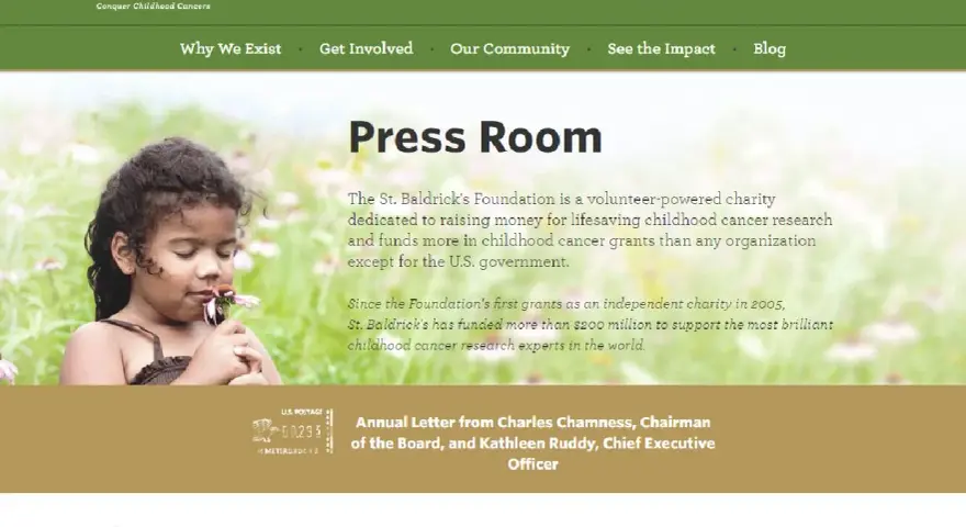 St. Baldrick's Foundation press release page features a child smelling a flower.