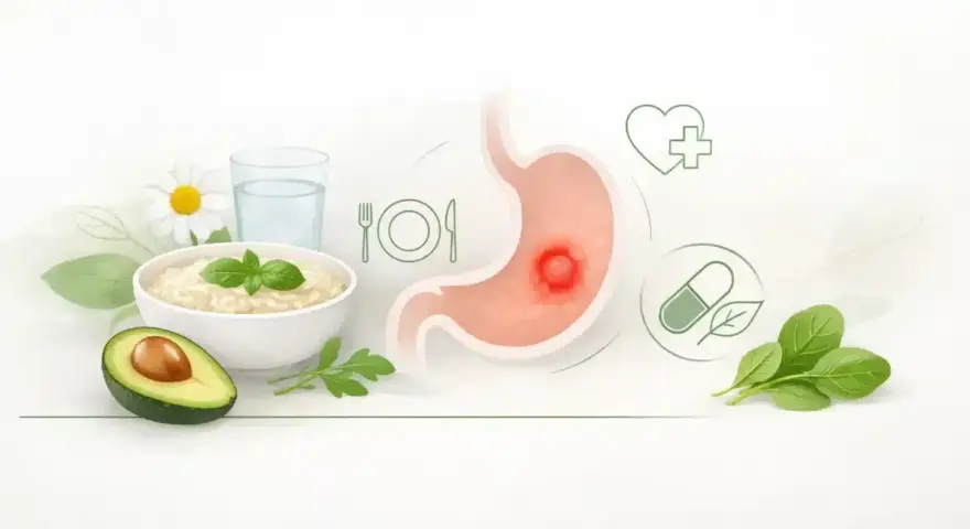 Ilustracja przedstawia żołądek z wrzodem, obok miska owsianki, awokado, szklanka wody i zioła. To symbol zdrowej diety wrzodowej.